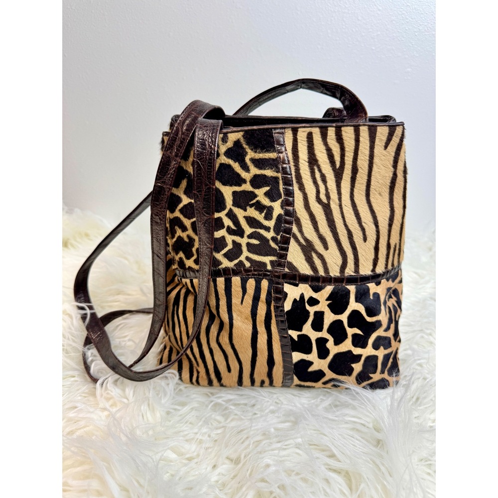 Sharif USA Calf Hair Animal Print Patchwork Croc Embossed Leather Tote Bag Brown